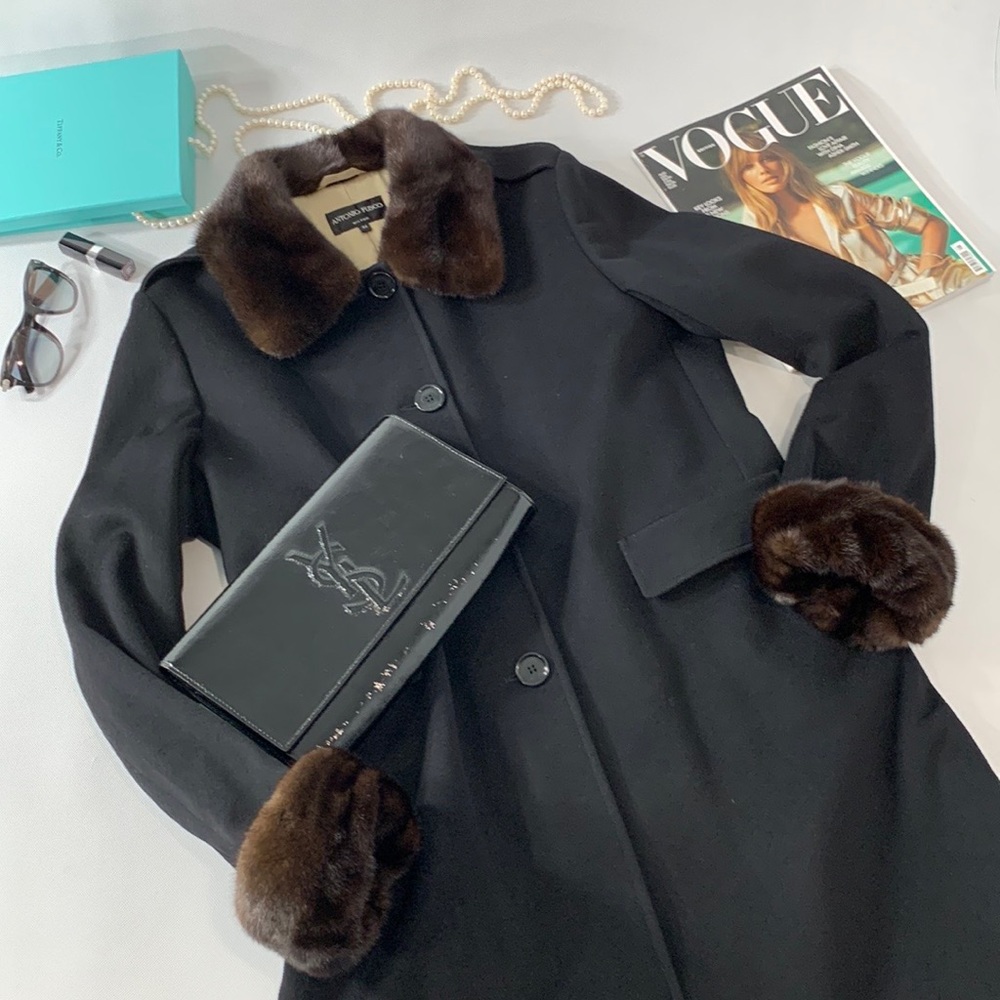 Luxurious Italian Wool Coat with Fur Collar and Cuffs.